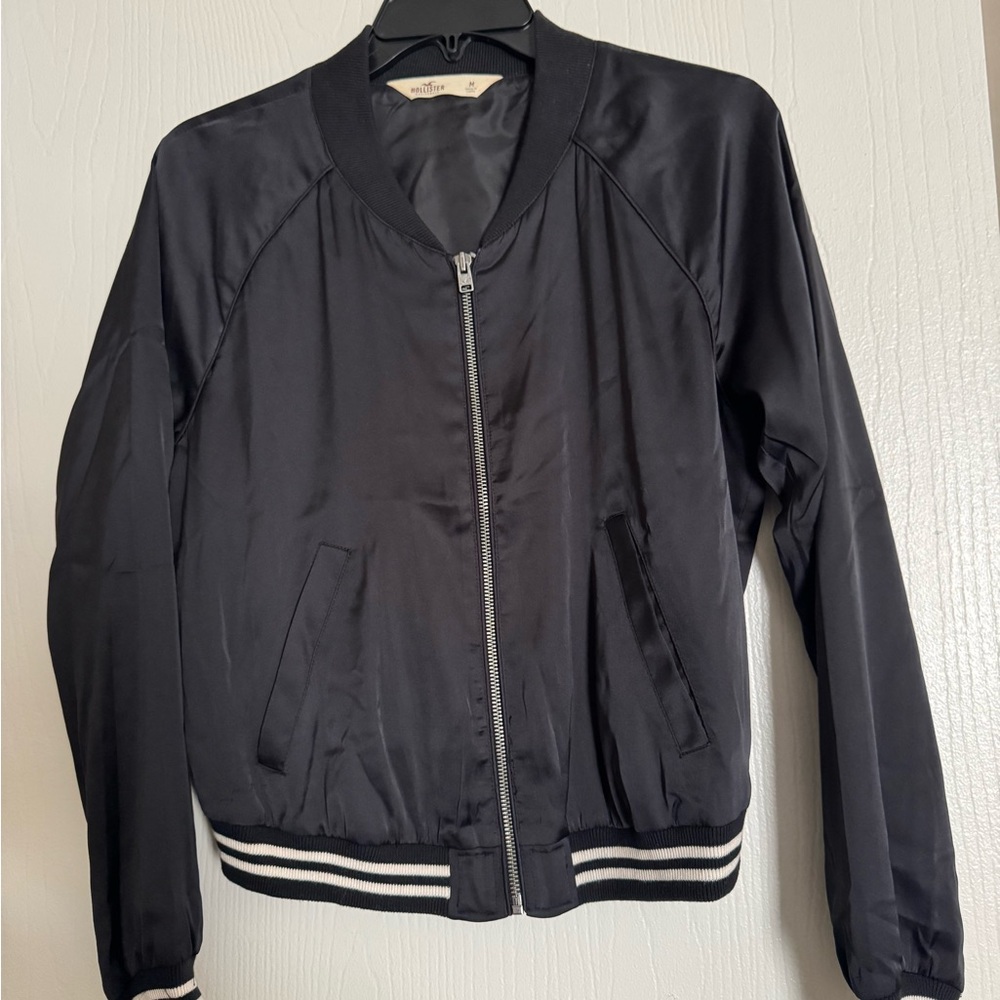Hollister Black Bomber Jacket with Ribbed Collar